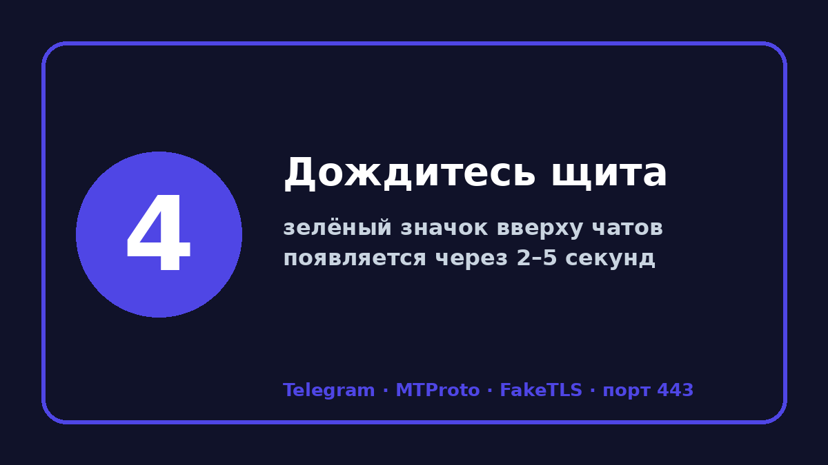 Прокси для телеграмм 2026: шаг 4 — Дождитесь щита