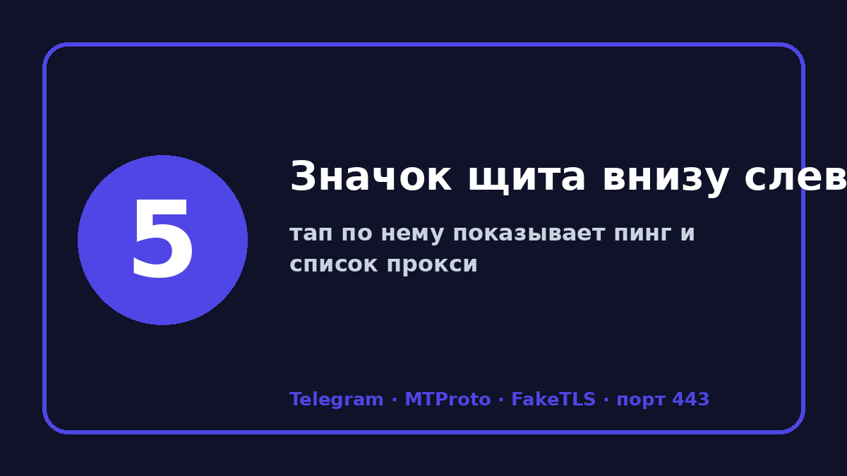 Прокси для тг на пк: шаг 5 — Значок щита внизу слева